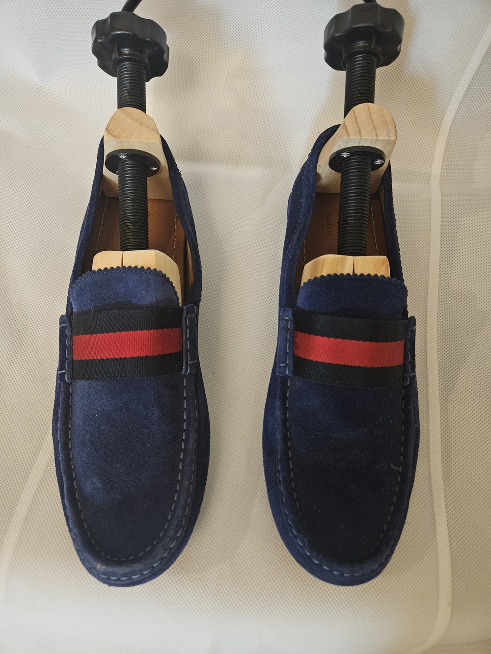 Gucci Men's Navy Suede Slip-On Loafers with Red & Black Accent